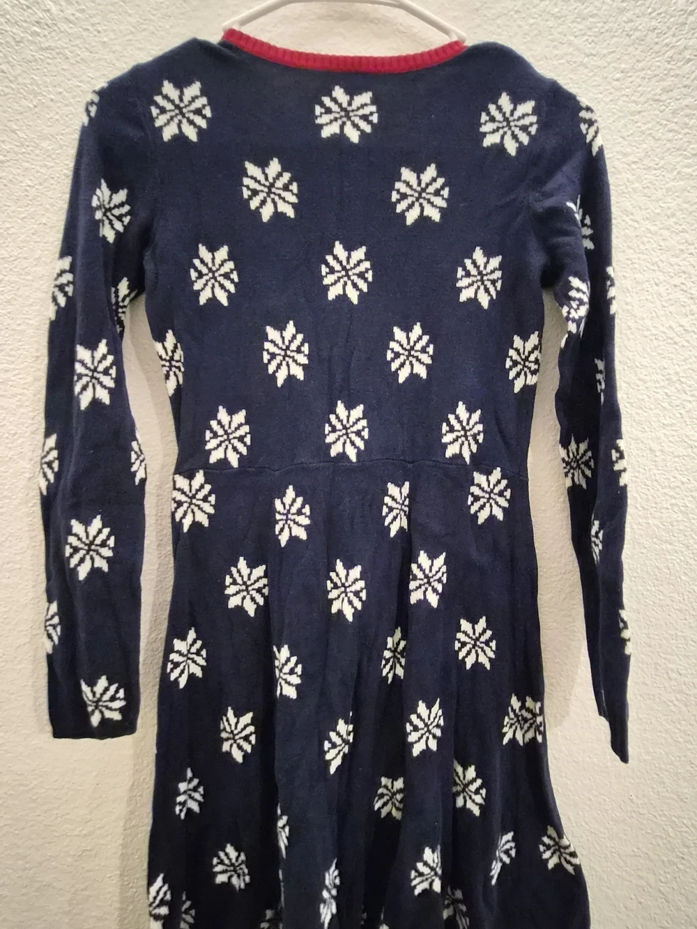 Girls' Navy Snowflake Knit Sweater Dress with Red Trim 140cm